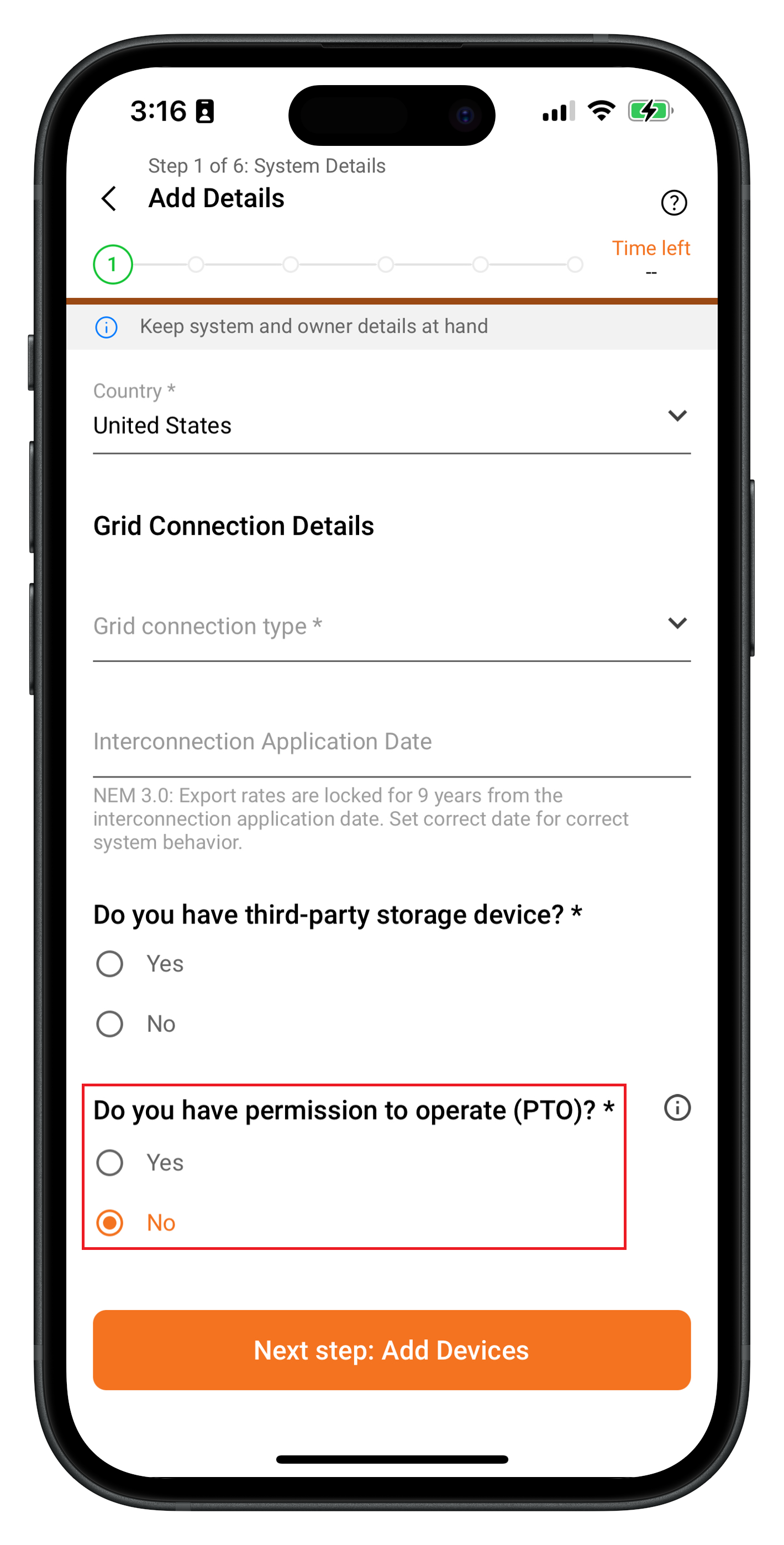 Auswahl des PTO-Status für ein System in der Enphase Installer App ...